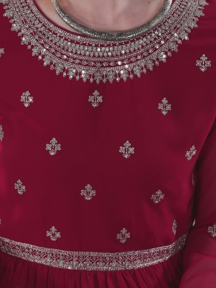 Red Embroidered Georgette A-Line Kurta With Palazzos & Dupatta