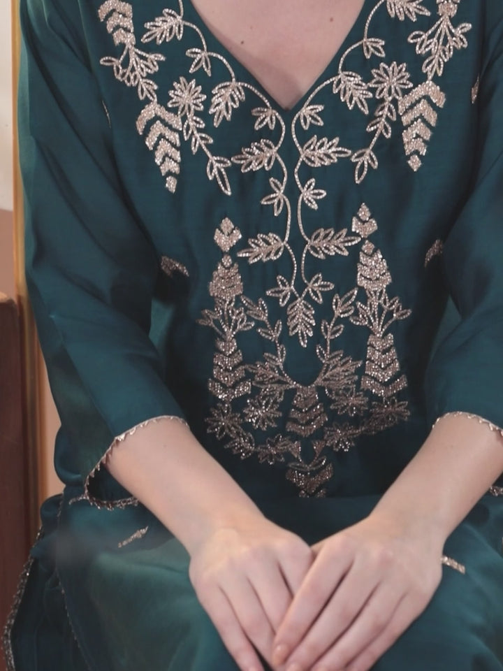 Teal Embroidered Chanderi Silk Straight Suit With Dupatta