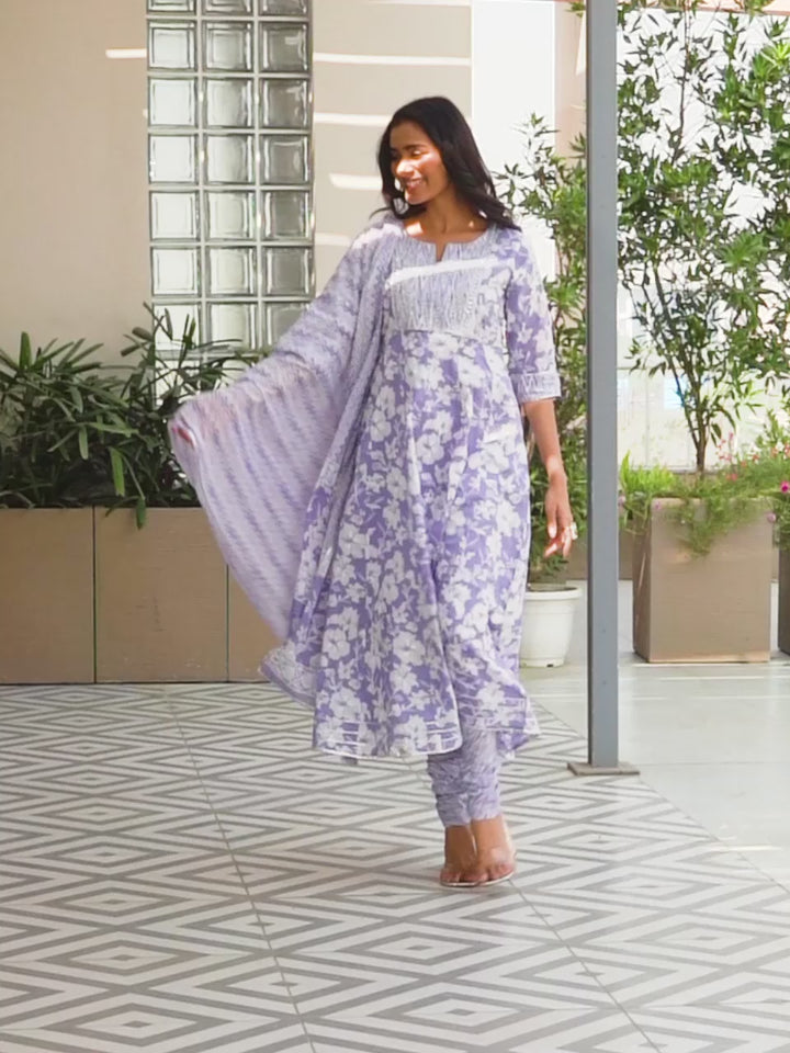 Lavender Printed Cotton Anarkali Suit With Dupatta