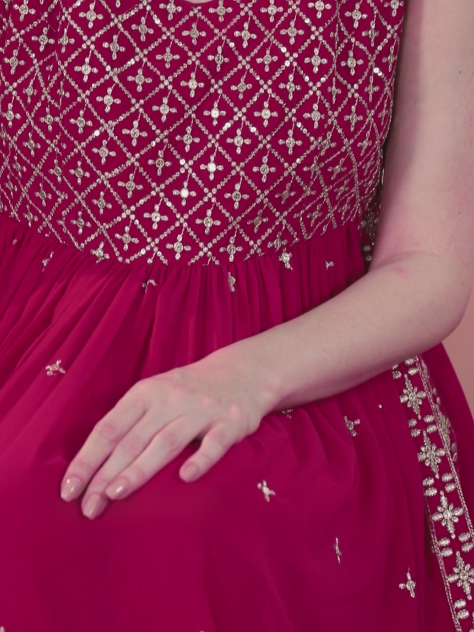 Pink Embroidered Georgette A-Line Kurta With Trousers & Dupatta