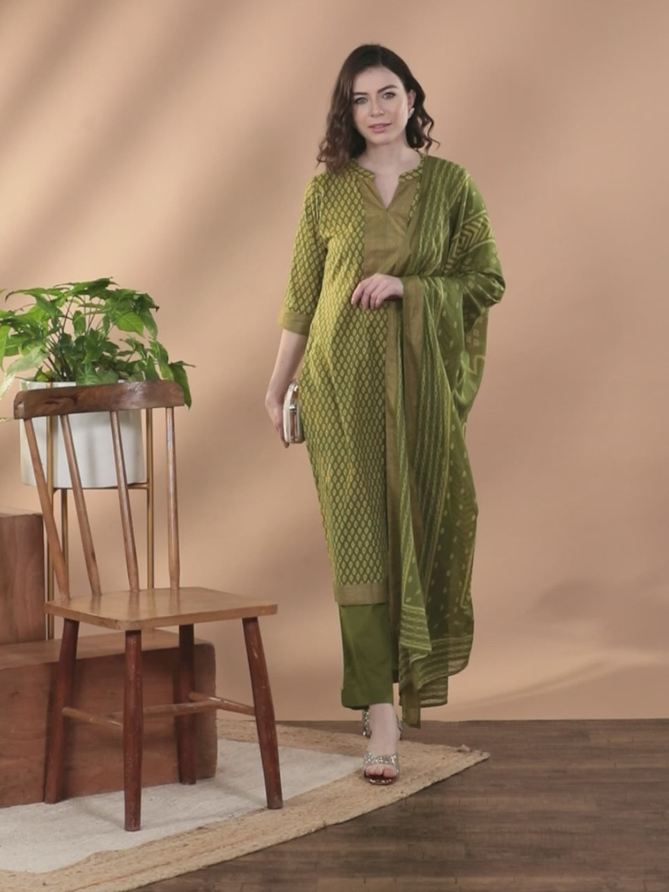 Green Printed Cotton Straight Suit With Dupatta