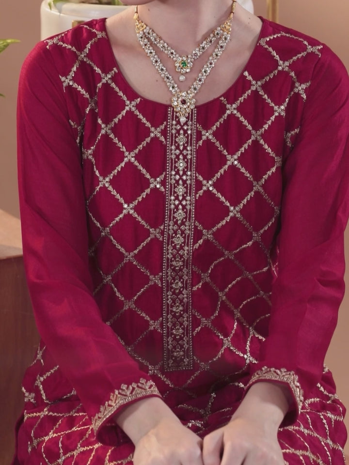 Red Embroidered Silk Blend Straight Suit With Dupatta