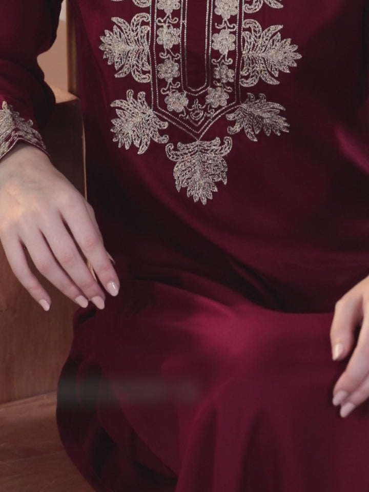 Maroon Yoke Design Wool Blend Straight Kurta Set