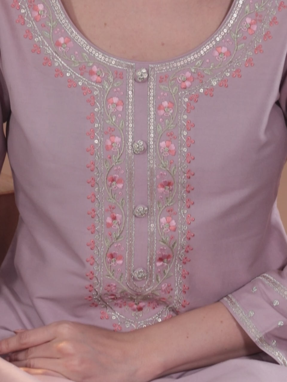 Mauve Yoke Design Silk Blend Straight Suit With Dupatta