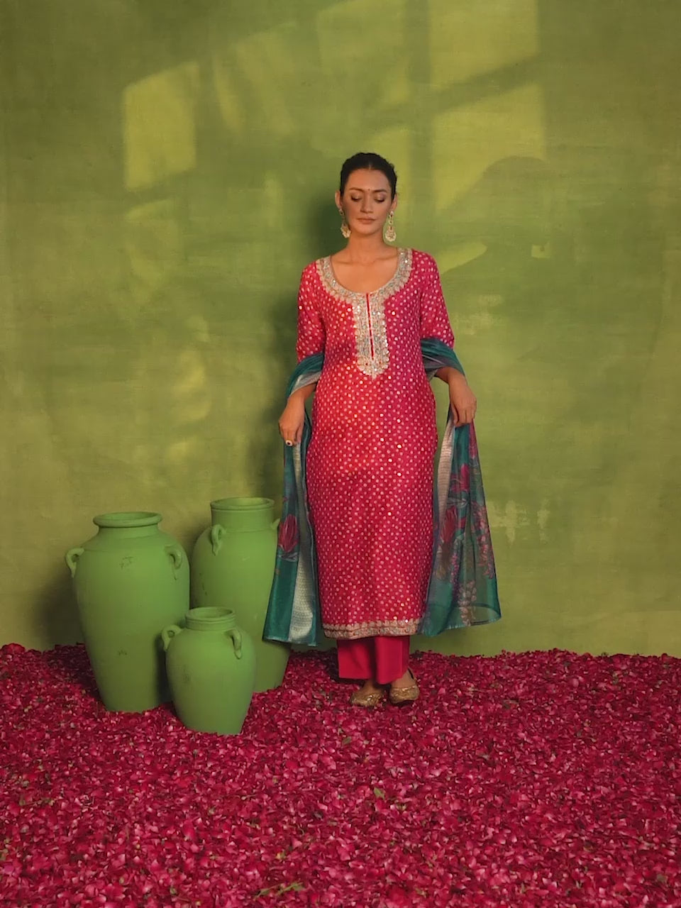 Pink Printed Silk Blend Straight Suit With Dupatta