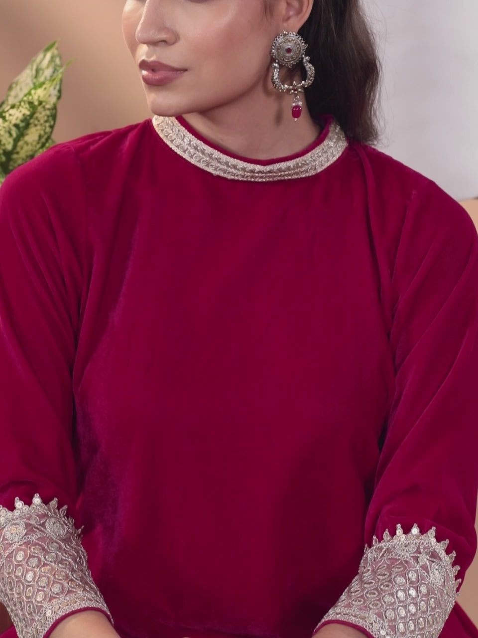 Pink Solid Velvet A-Line Kurta With Trousers & Dupatta