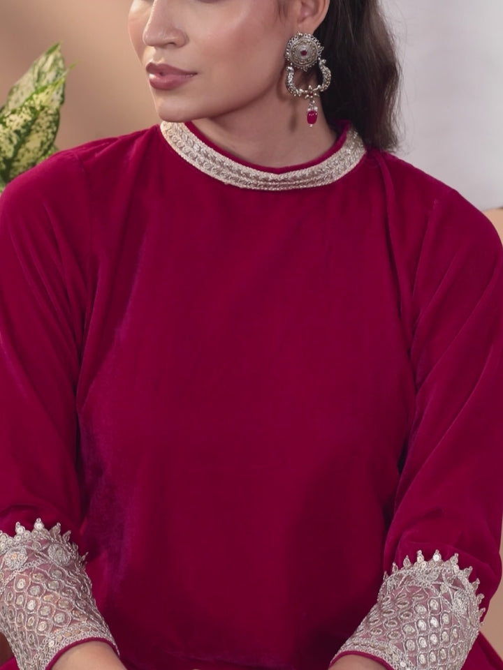 Pink Solid Velvet A-Line Kurta With Trousers & Dupatta