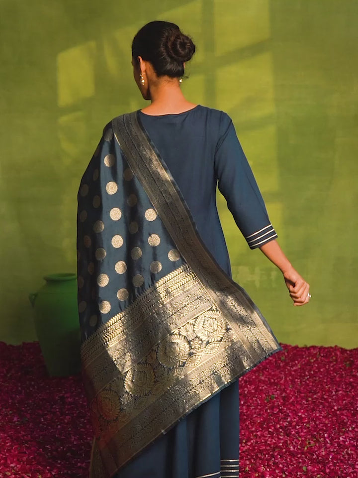 Navy Blue Yoke Design Rayon Anarkali Suit With Dupatta