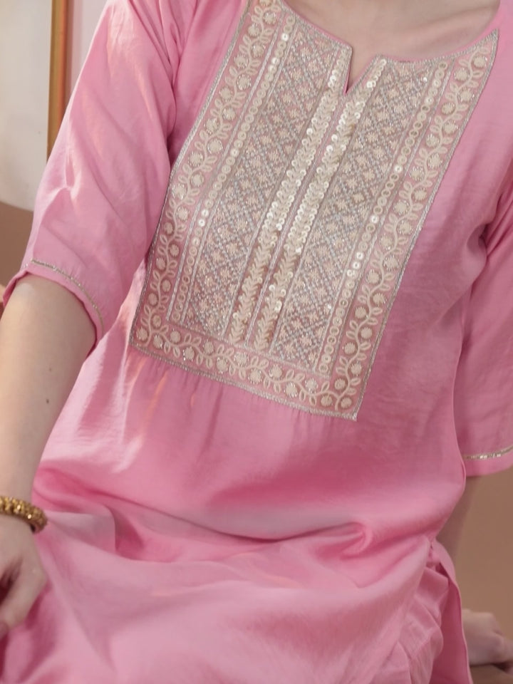 Pink Yoke Design Silk Blend Straight Suit With Dupatta