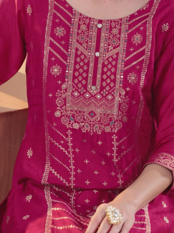 Pink Woven Design Silk Blend Straight Suit With Dupatta