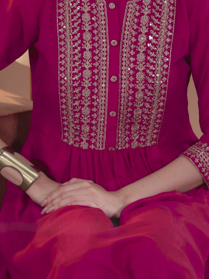 Pink Yoke Design Silk Blend A-Line Kurta With Palazzos & Dupatta