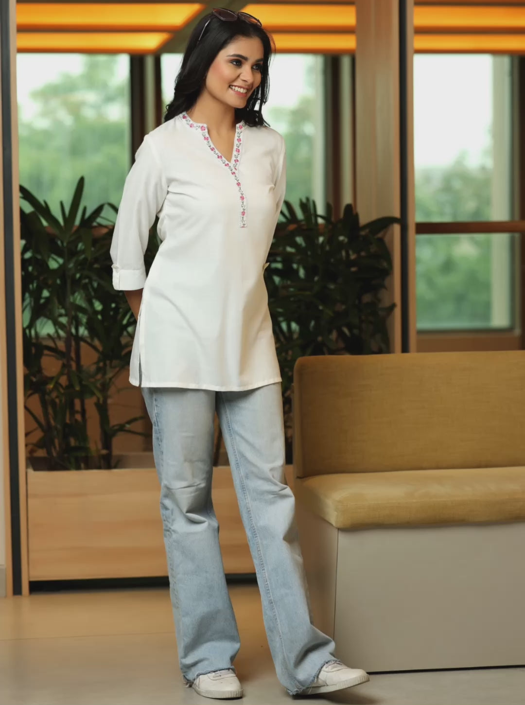 White Solid Cotton Blend Straight Kurti