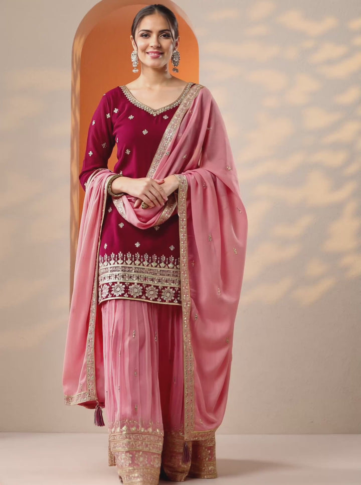 Libas Art Pink Woven Design Georgette Straight Suit Set With Dupatta