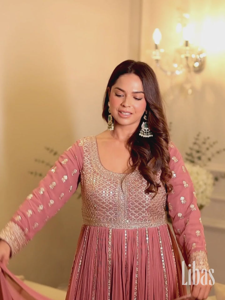 Libas Art Pink Embroidered Georgette A-Line Kurta With Trousers & Dupatta