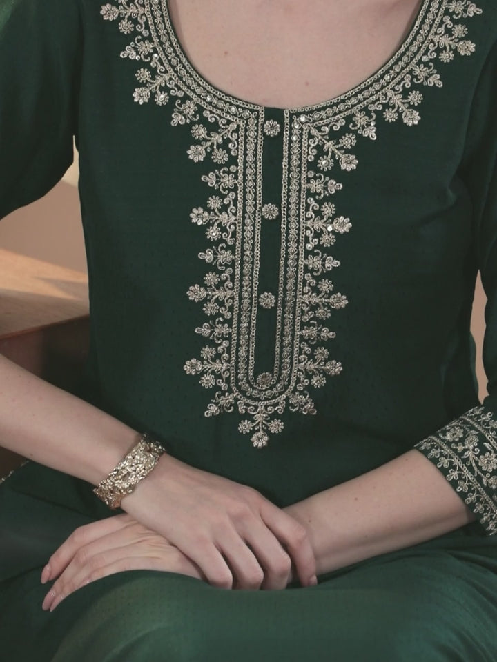 Green Yoke Design Silk Blend A-Line Kurta With Palazzos & Dupatta