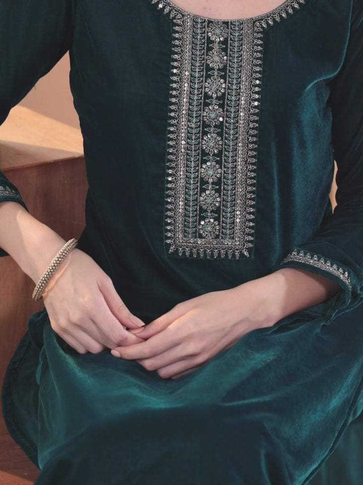 Teal Yoke Design Velvet Straight Suit With Dupatta