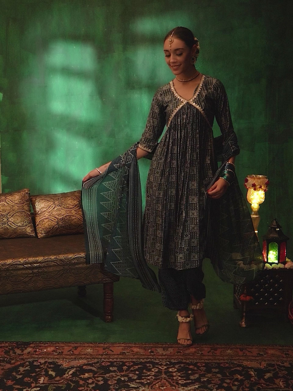 Blue Printed Silk Blend A-Line Kurta With Palazzos & Dupatta