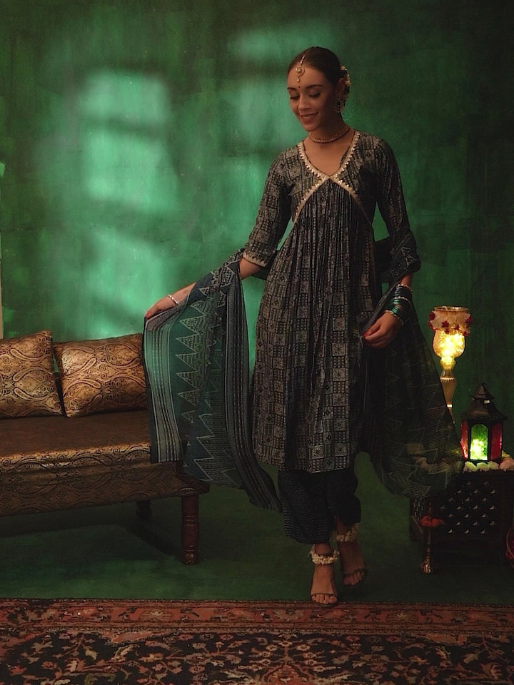 Blue Printed Silk Blend A-Line Kurta With Palazzos & Dupatta