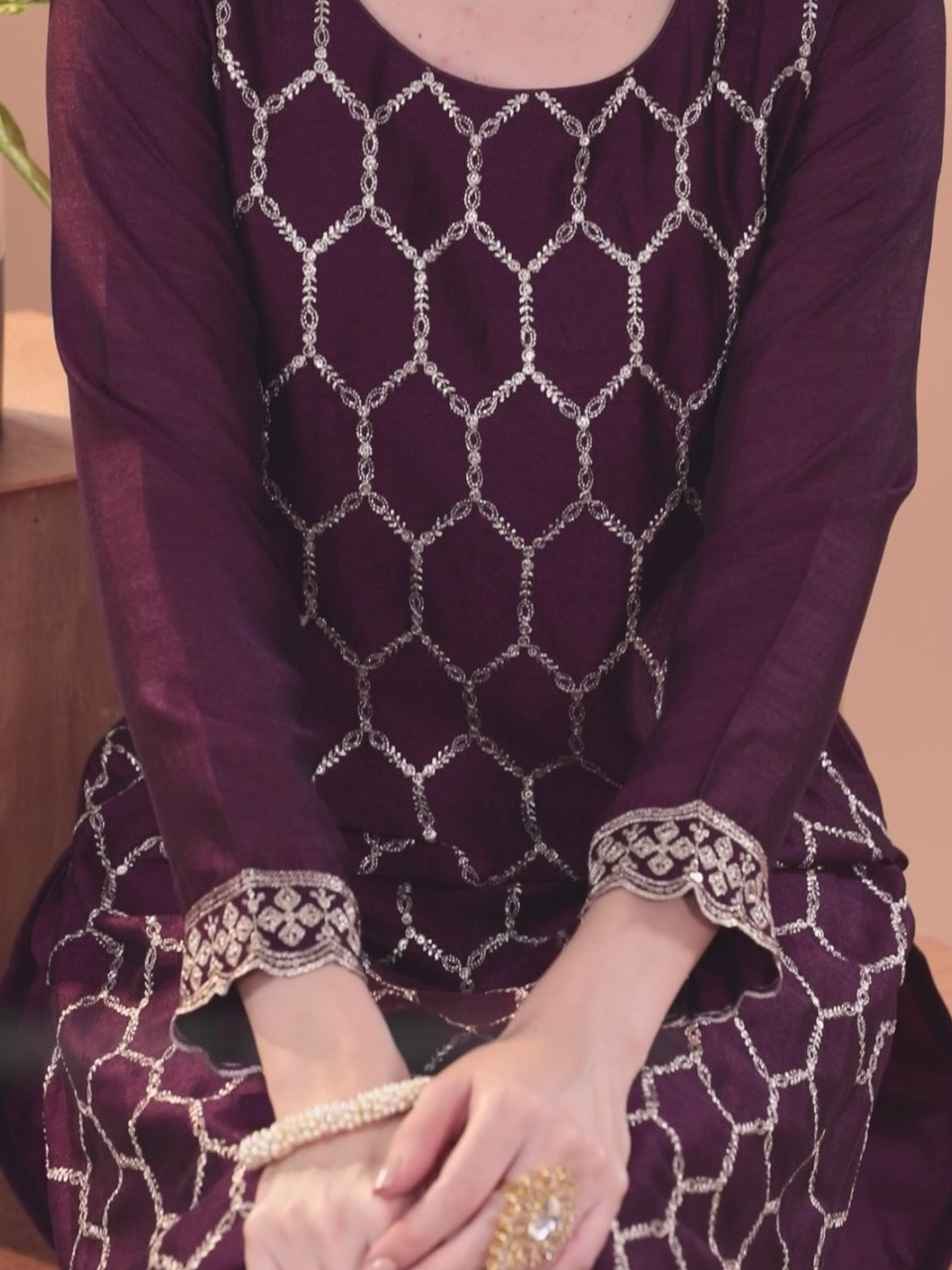 Wine Embroidered Silk Blend Straight Suit With Dupatta