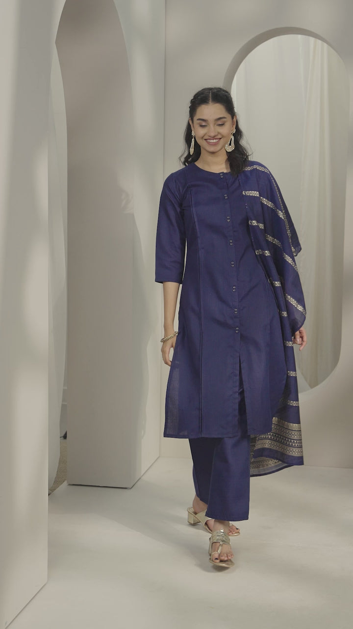 Navy Blue Solid Cotton Blend Straight Suit With Dupatta