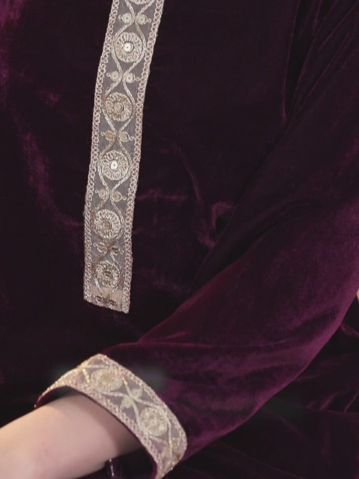 Wine Solid Velvet Straight Suit With Dupatta