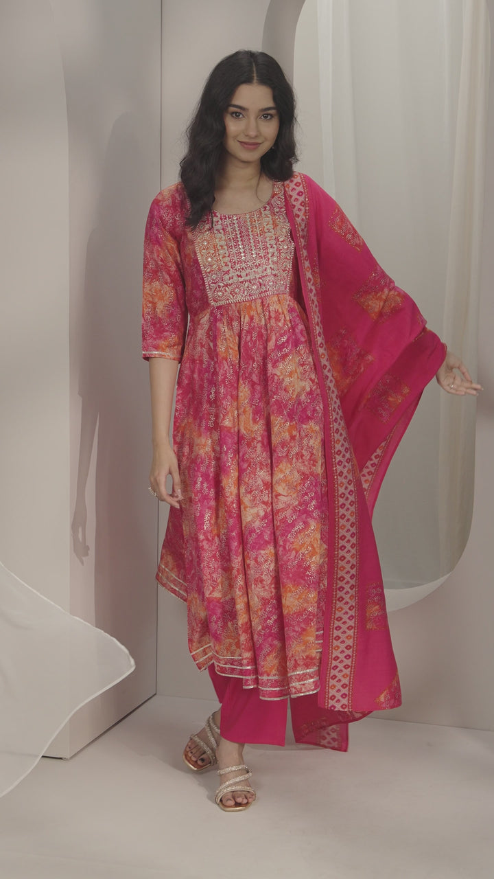 Pink Printed Silk Blend Anarkali Suit Sets With Dupatta