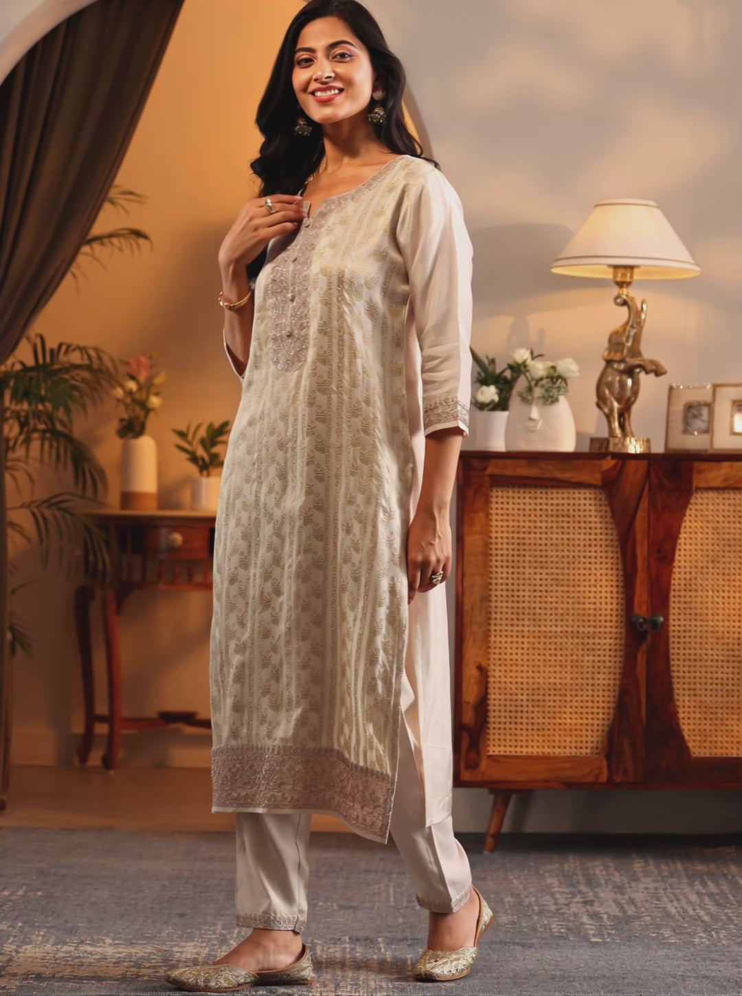 Libas Art Off White Woven Design Silk Blend Straight Suit Set With Dupatta