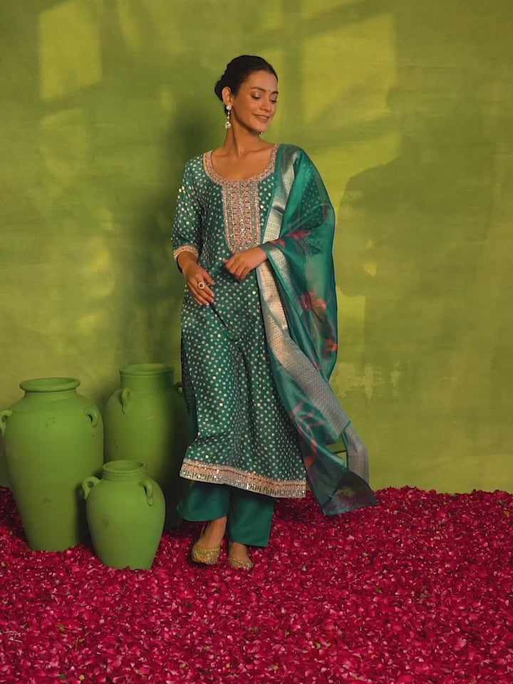Green Printed Silk Blend Straight Suit With Dupatta