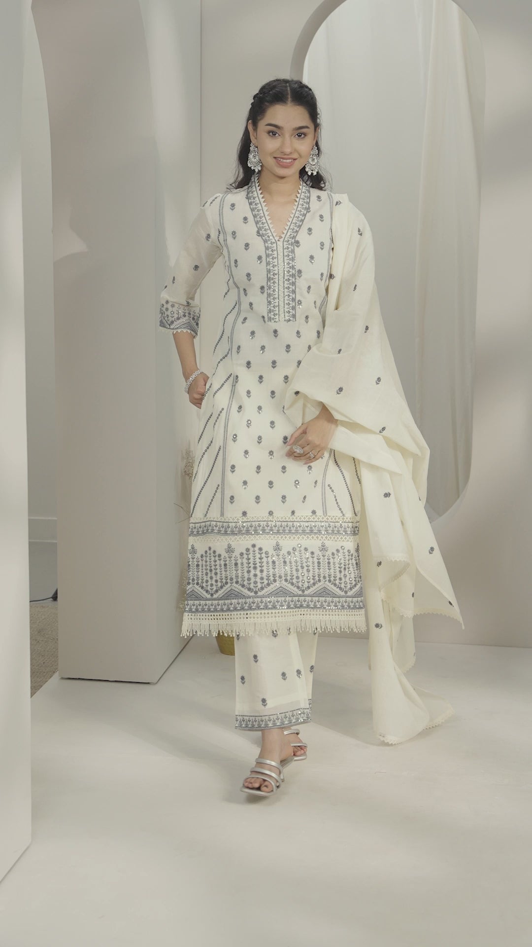 Off White Embroidered Cotton Straight Suit Set With Dupatta