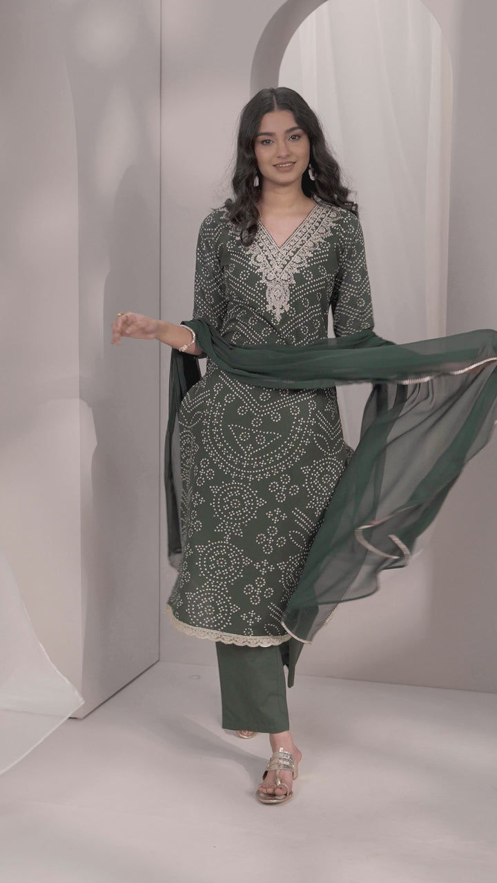 Green Printed Cotton Straight Suit Set With Dupatta