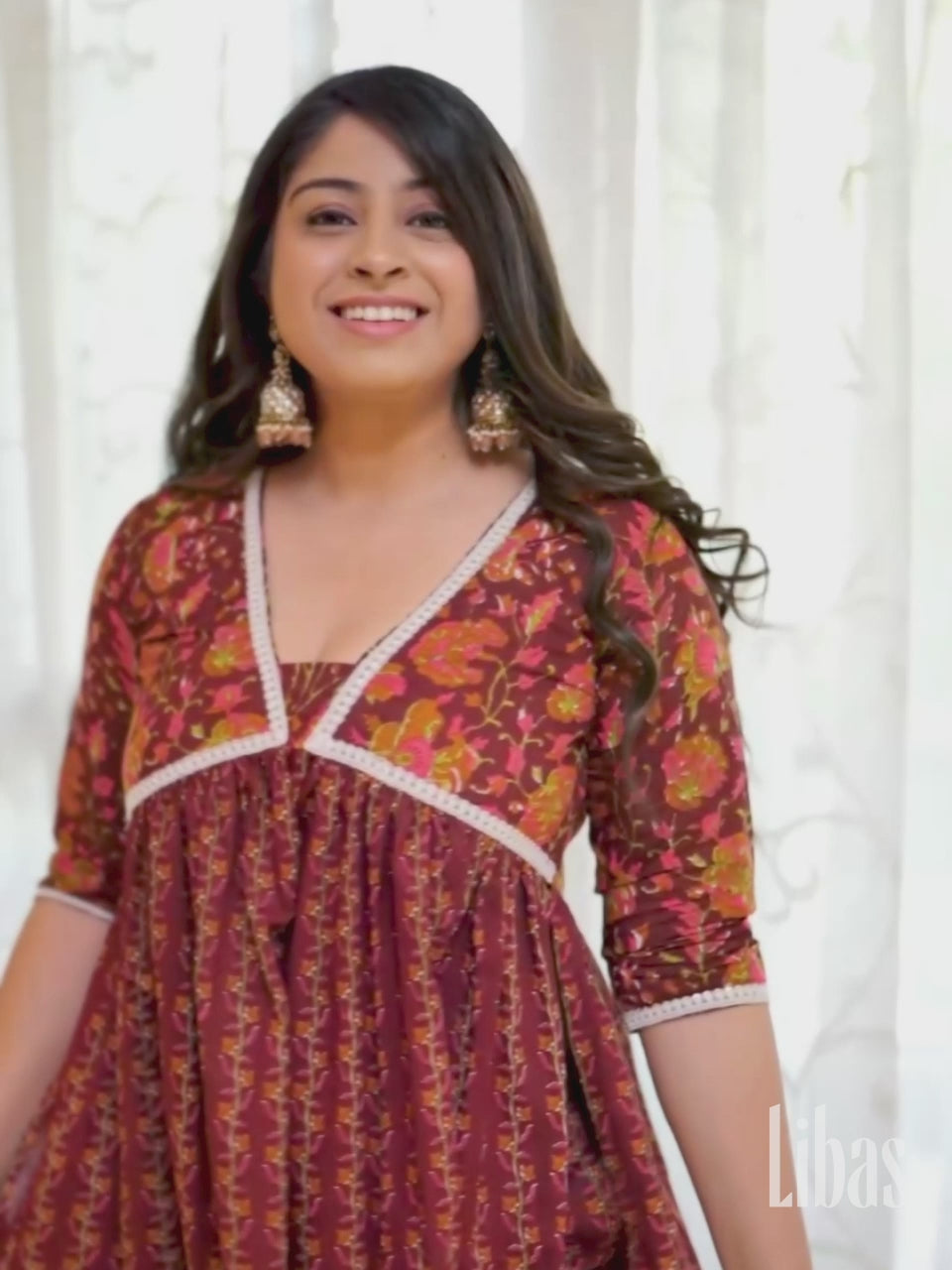 Rust Printed Cotton A-Line Kurta With Palazzos