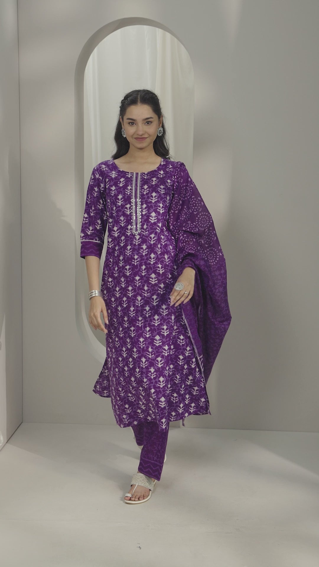 Purple Printed Cotton Straight Suit Set With Dupatta