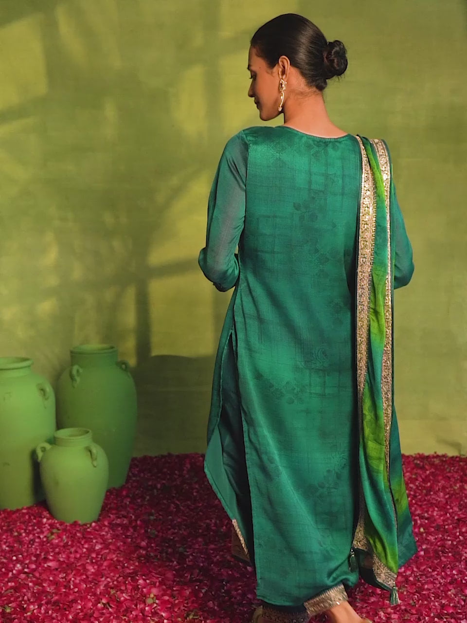 Green Yoke Design Silk Blend Straight Suit With Dupatta