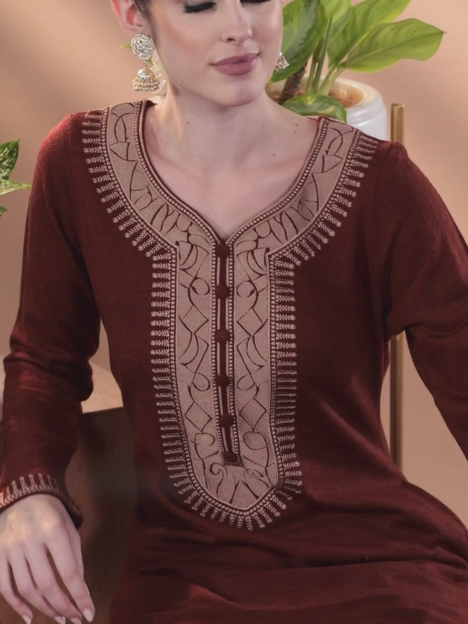 Wine Yoke Design Wool Straight Kurta Set