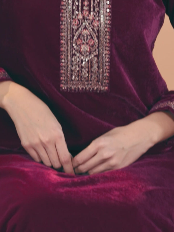 Fuchsia Yoke Design Velvet Straight Suit With Dupatta