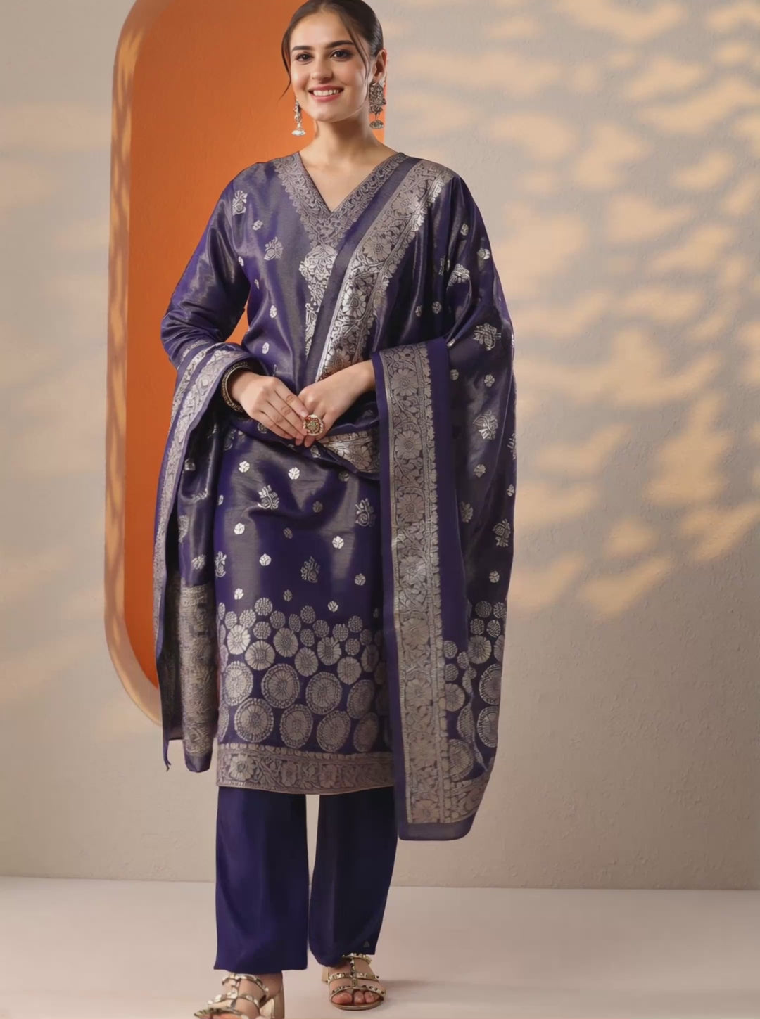 Purple Woven Design Silk Blend Straight Suit Set With Dupatta