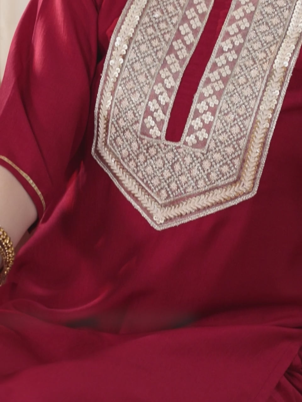 Red Yoke Design Silk Blend Straight Suit With Dupatta