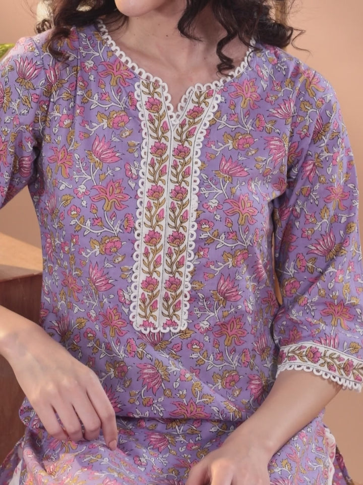 Purple Printed Cotton Straight Suit With Dupatta