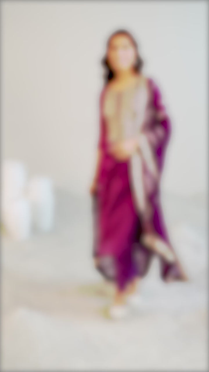 Burgundy Yoke Design Organza Straight Suit Set With Dupatta