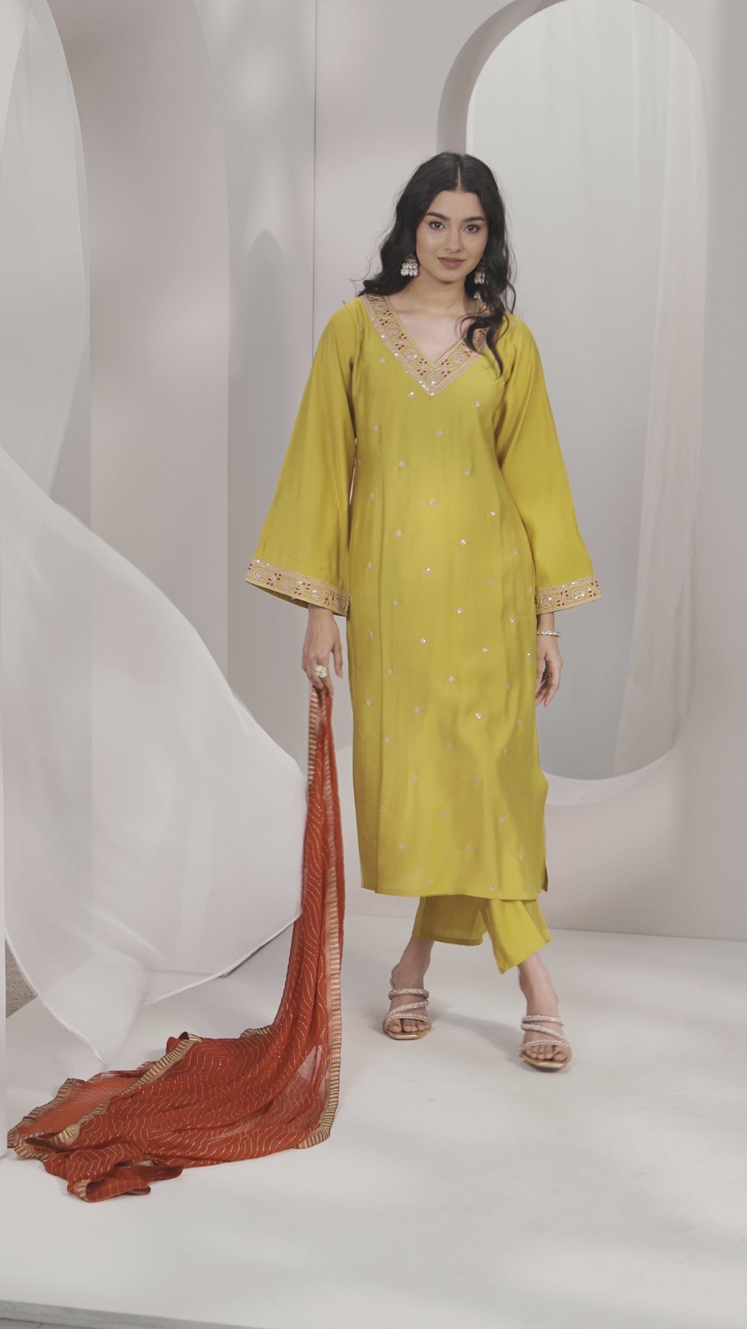 Mustard Embroidered Silk Blend Straight Suit Sets With Dupatta