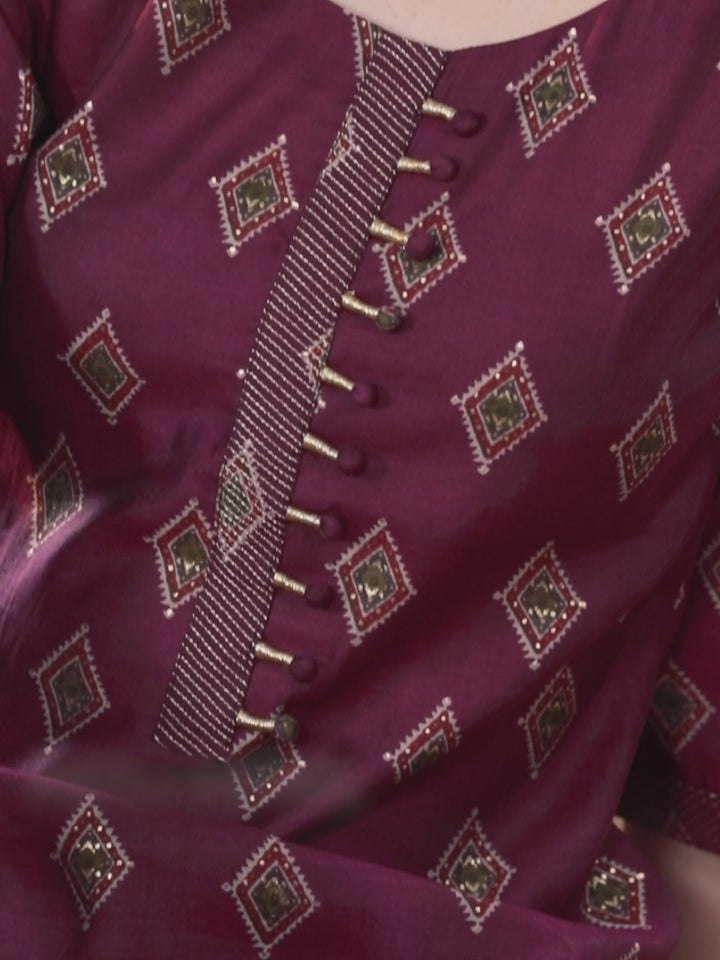 Wine Printed Silk Blend Straight Suit With Dupatta