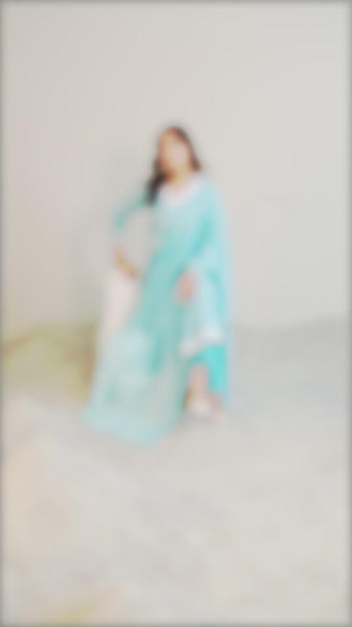 Blue Printed Cotton Straight Suit Set With Dupatta