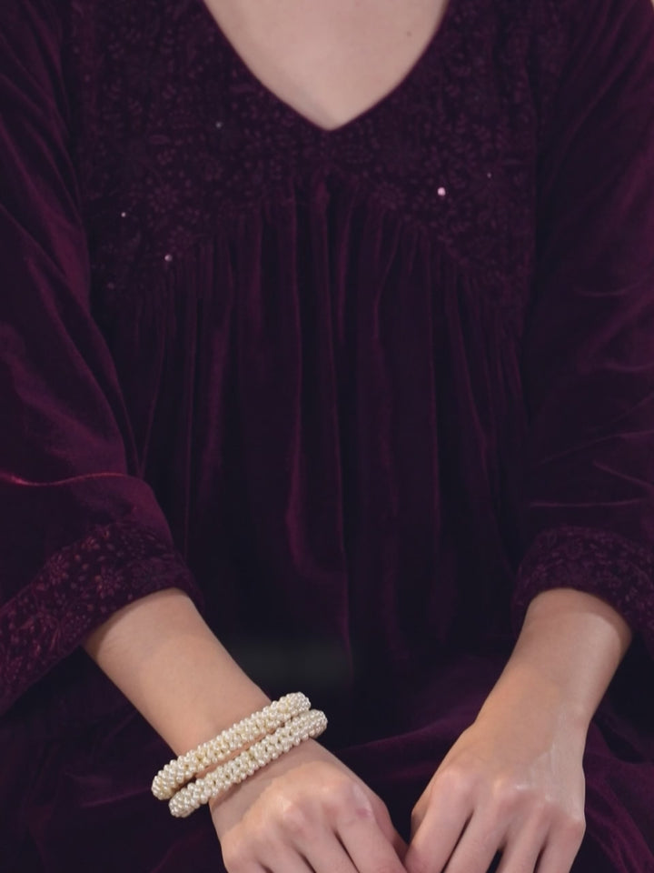 Wine Embroidered Velvet A-Line Kurta With Trousers & Dupatta