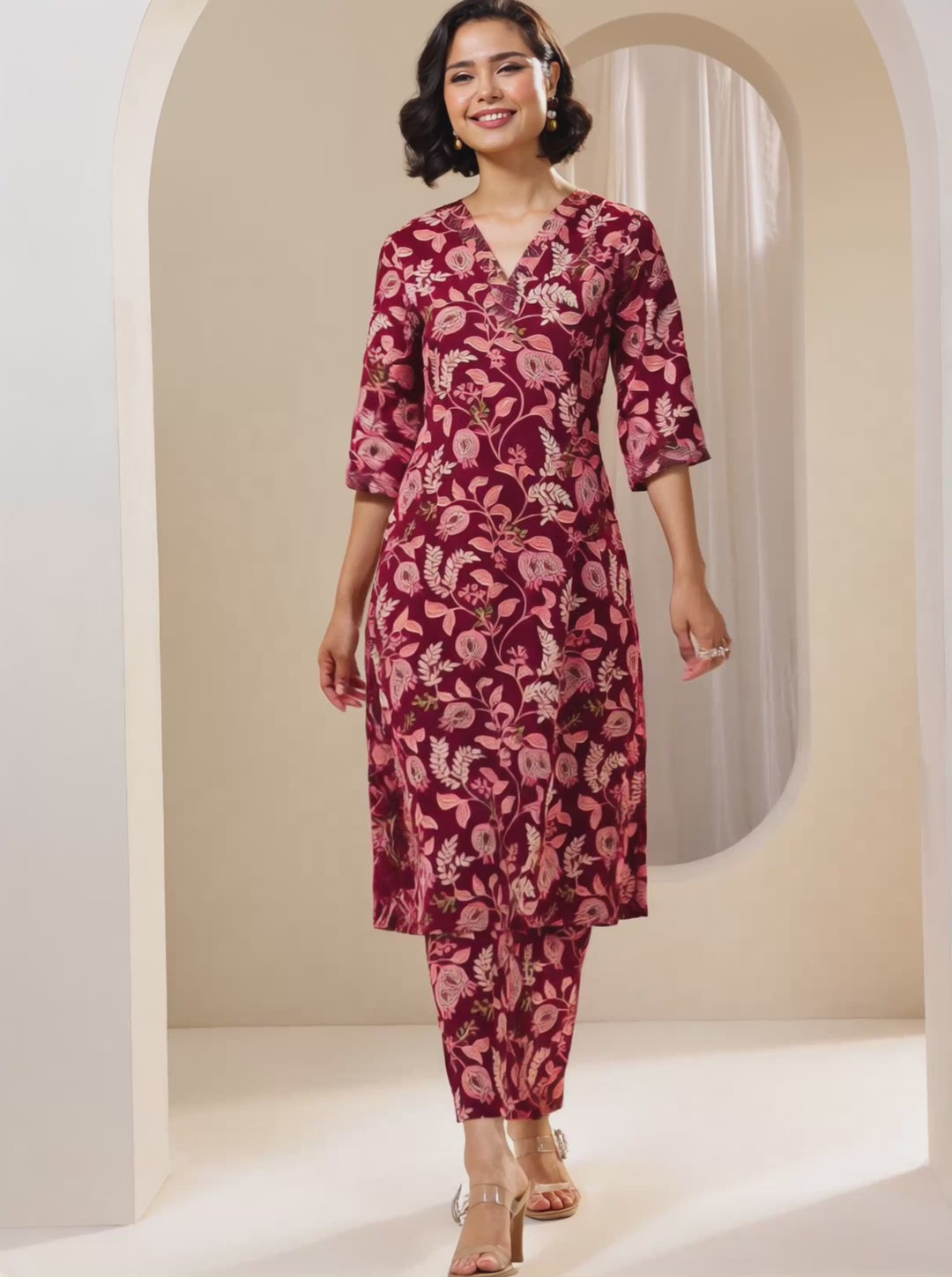 Maroon Printed Cotton Blend Straight Kurta Set