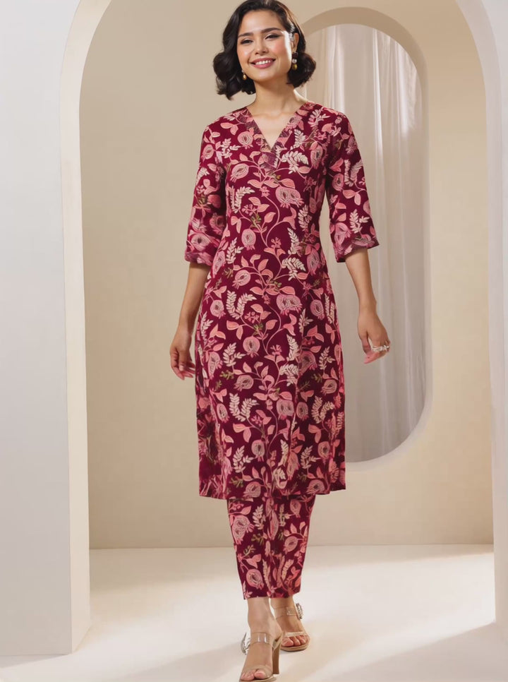 Maroon Printed Cotton Blend Straight Kurta Set