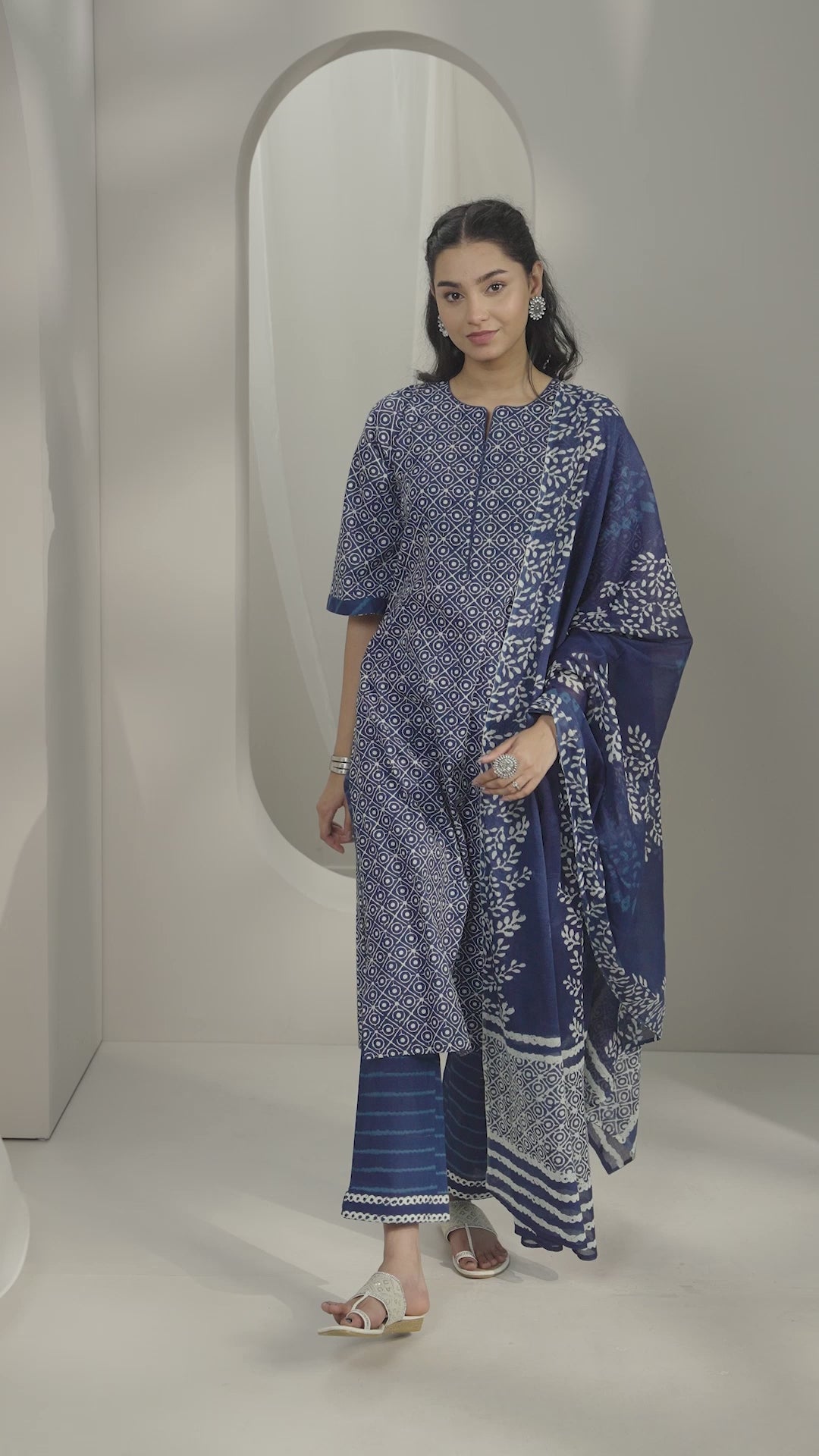 Indigo Printed Cotton Straight Suit Set With Dupatta