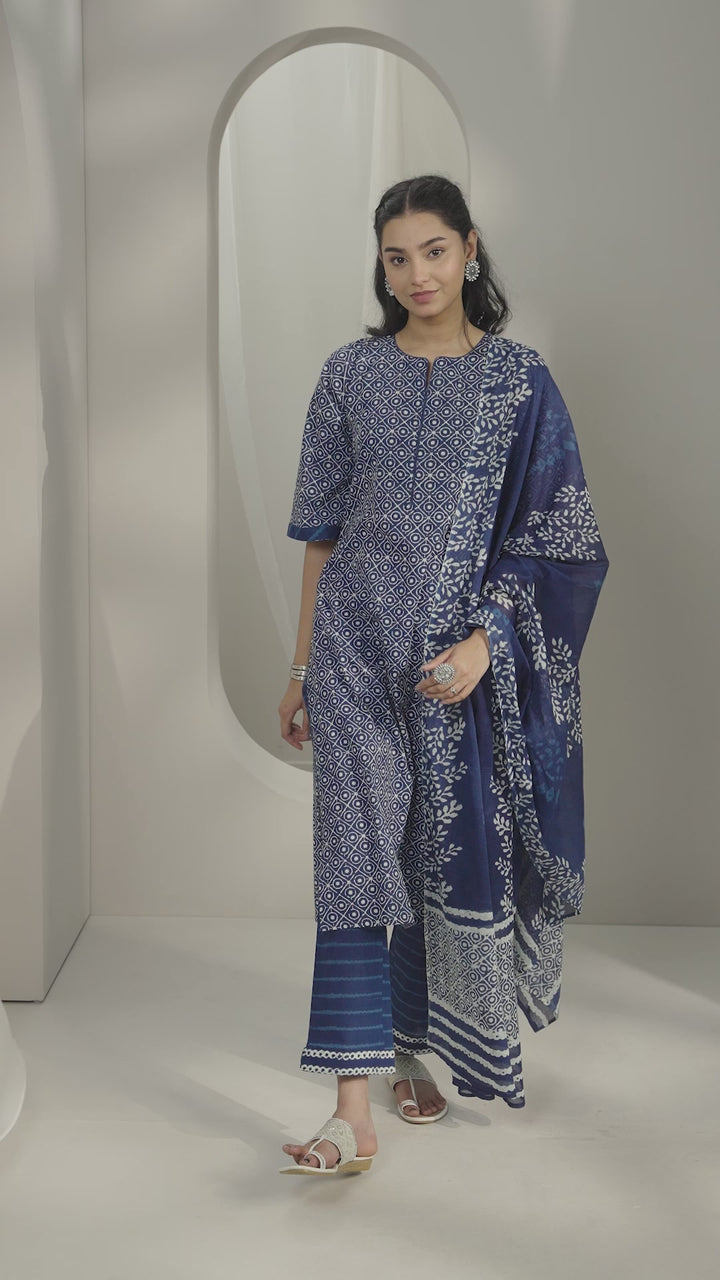 Indigo Printed Cotton Straight Suit Set With Dupatta