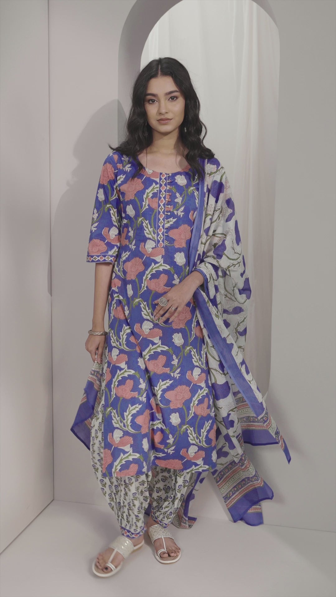 Blue Printed Cotton Straight Suit Sets With Dupatta