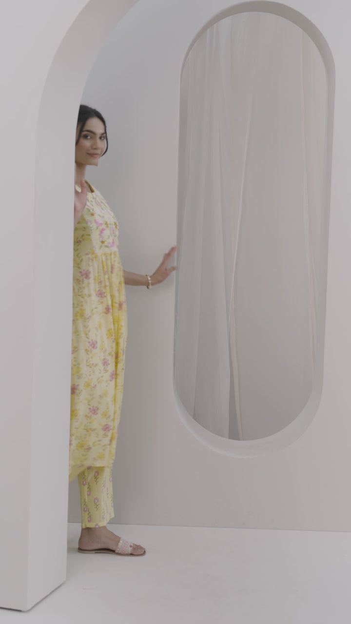 Yellow Printed Cotton A-line  Kurta Set