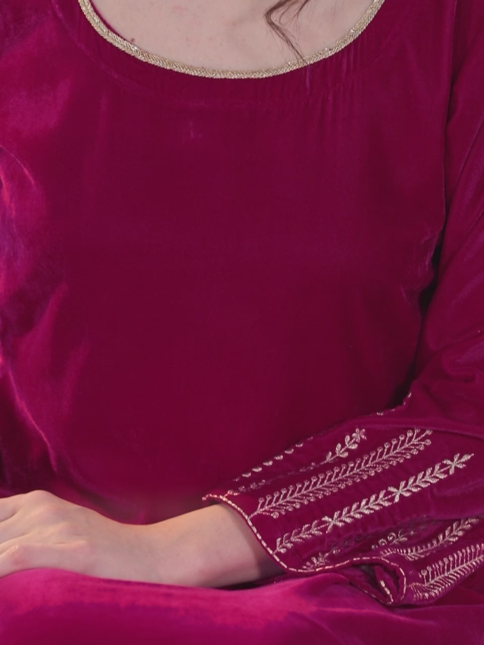 Pink Solid Velvet Straight Suit With Dupatta